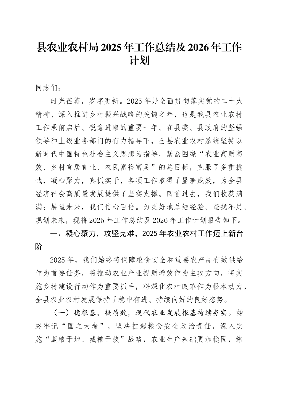 县农业农村局2025年工作总结及2026年工作计划_第1页