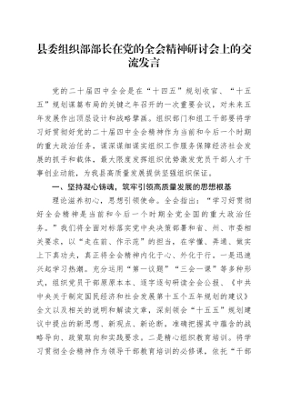 县委组织部部长在学习贯彻党的二十届四中全会精神研讨会上的交流发言讲话20251128