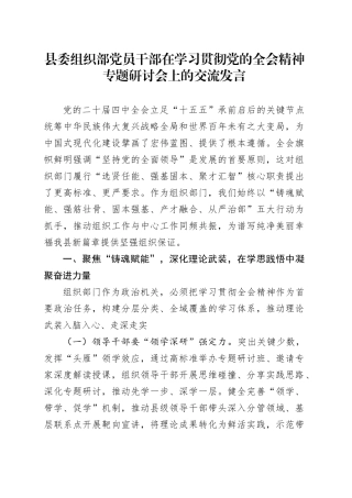 县委组织部党员干部在学习贯彻党的二十届四中全会精神专题研讨会上的交流发言讲话20251128