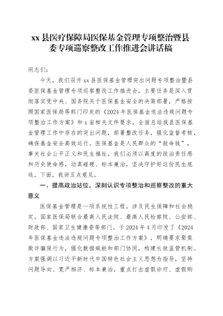 县医疗保障局医保基金管理专项整治暨县委专项巡察整改工作推进会讲话稿