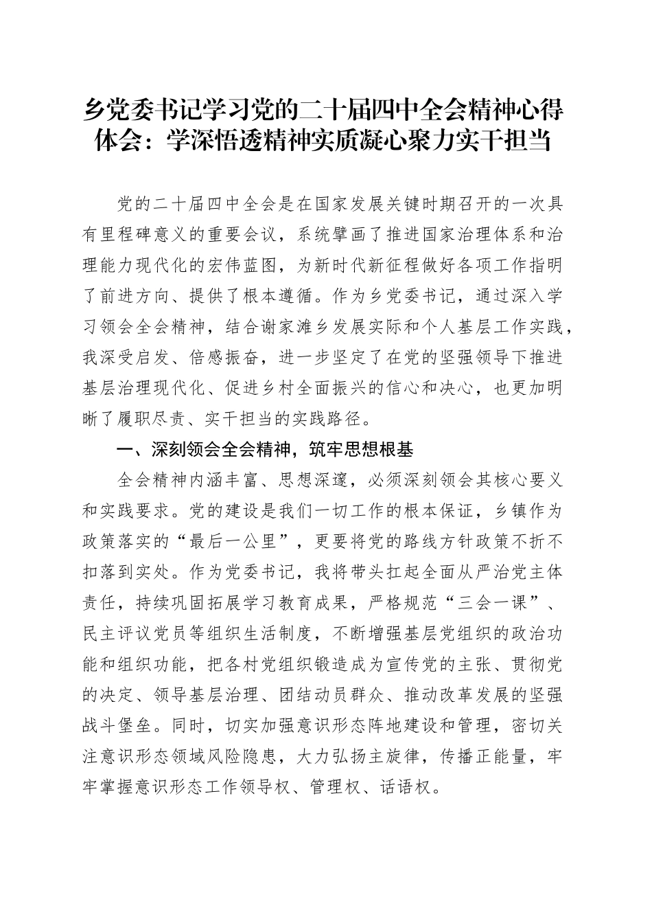 乡党委书记学习党的二十届四中全会精神心得体会：学深悟透精神实质 凝心聚力实干担当20251119_第1页
