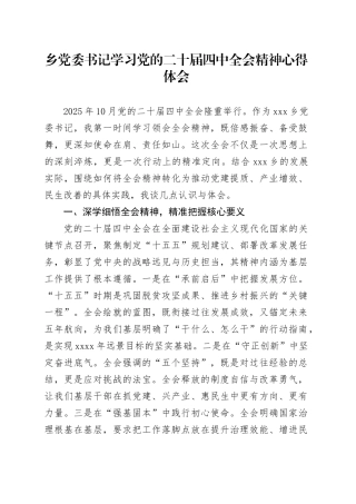 乡党委书记学习党的二十届四中全会精神心得体会感悟研讨发言交流材料20251119