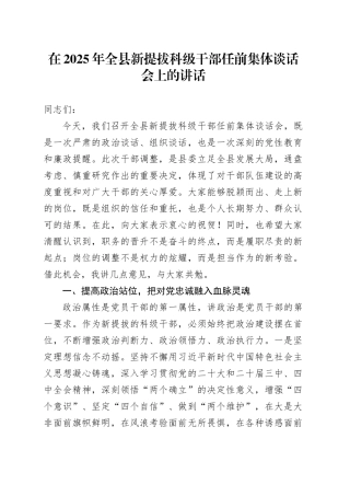 在2025年全县新提拔科级干部任前集体谈话会上的讲话