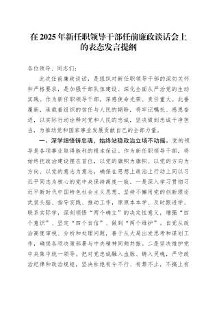 在2025年新任职领导干部任前廉政谈话会上的表态发言提纲20251119