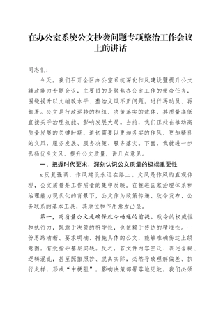 在办公室系统公文抄袭问题专项整治工作会议上的讲话