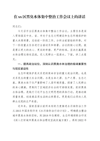 在区黑臭水体集中整治工作会议上的讲话