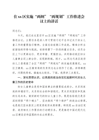在区实施“两纲”“两规划”工作推进会议上的讲话