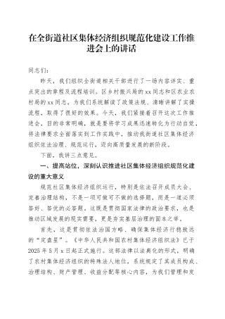 在全街道社区集体经济组织规范化建设工作推进会上的讲话