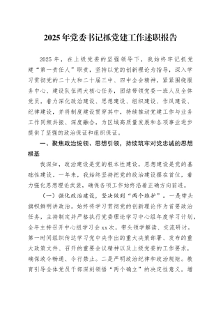 2025年党委书记抓党建工作述职报告