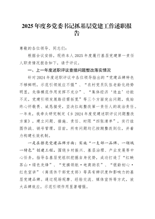 2025年度乡党委书记抓基层党建工作述职报告