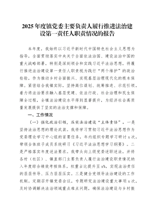 2025年度镇党委主要负责人履行推进法治建设第一责任人职责情况的报告