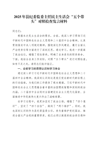 2025年法院党组班子民主生活会“五个带头”对照检查发言材料