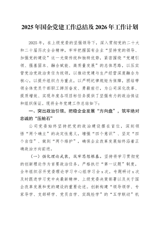 2025年国企党建工作总结及2026年工作计划