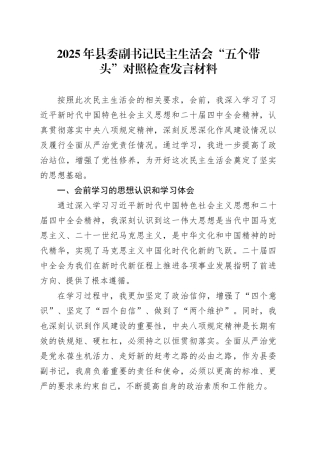 2025年县委副书记民主生活会“五个带头”个人对照检查发言材料