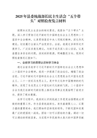 2025年县委统战部长民主生活会“五个带头”个人对照检查发言材料