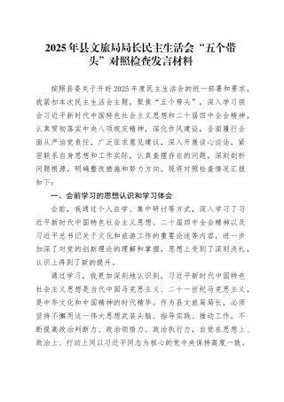 2025年县文旅局局长民主生活会“五个带头”个人对照检查发言材料