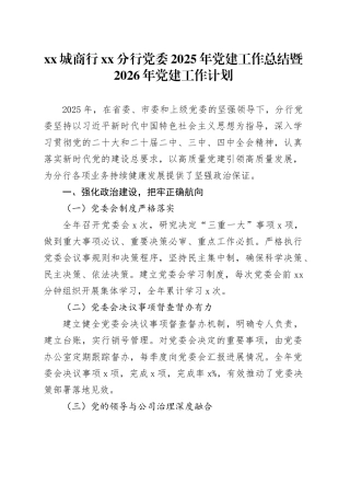 XX城商行XX分行党委2025年党建工作总结暨2026年党建工作计划