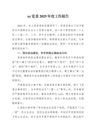 XX党委2025年度工作报告