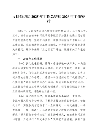 X区信访局2025年工作总结和2026年工作安排