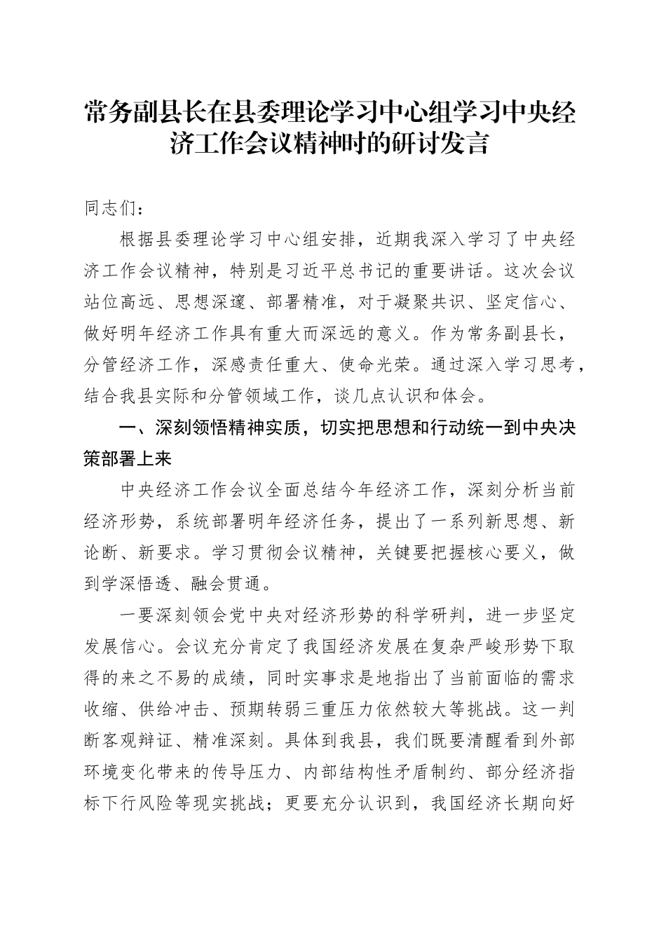 常务副县长在县委理论学习中心组学习中央经济工作会议精神时的研讨发言心得体会20251217_第1页