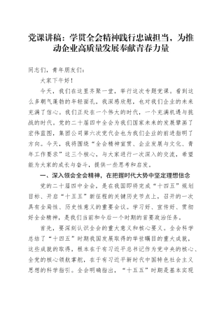 党课讲稿：学习贯彻党的二十届四中全会精神践行忠诚担当，为推动企业高质量发展奉献青春力量20251210