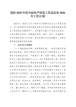 党组2025年度全面从严治党工作总结及2026年工作计划