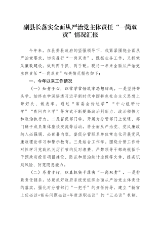 副县长落实全面从严治党主体责任“一岗双责”情况汇报