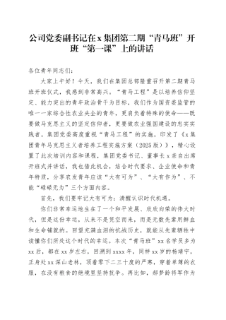 公司党委副书记在X集团第二期“青马班”开班“第一课”上的讲话