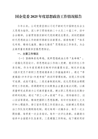 国企党委2025年度思想政治工作情况报告