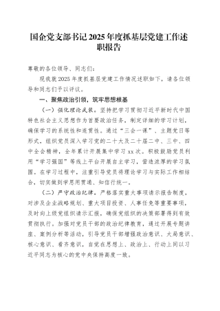 国企党支部书记2025年度抓基层党建工作述职报告