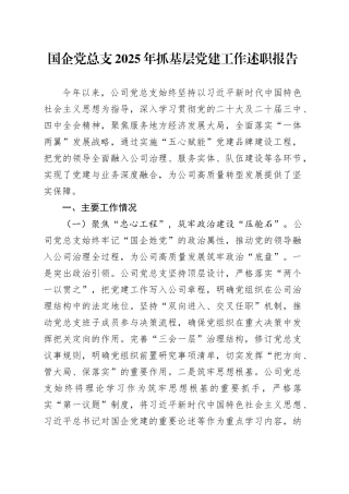 国企党总支2025年抓基层党建工作述职报告