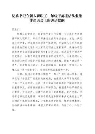 纪委书记在新入职职工、年轻干部廉洁从业集体谈话会上的讲话提纲