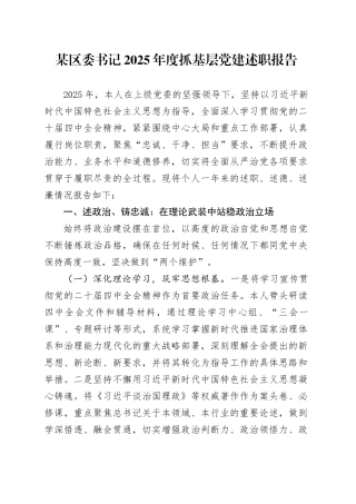 某区委书记2025年度抓基层党建述职报告