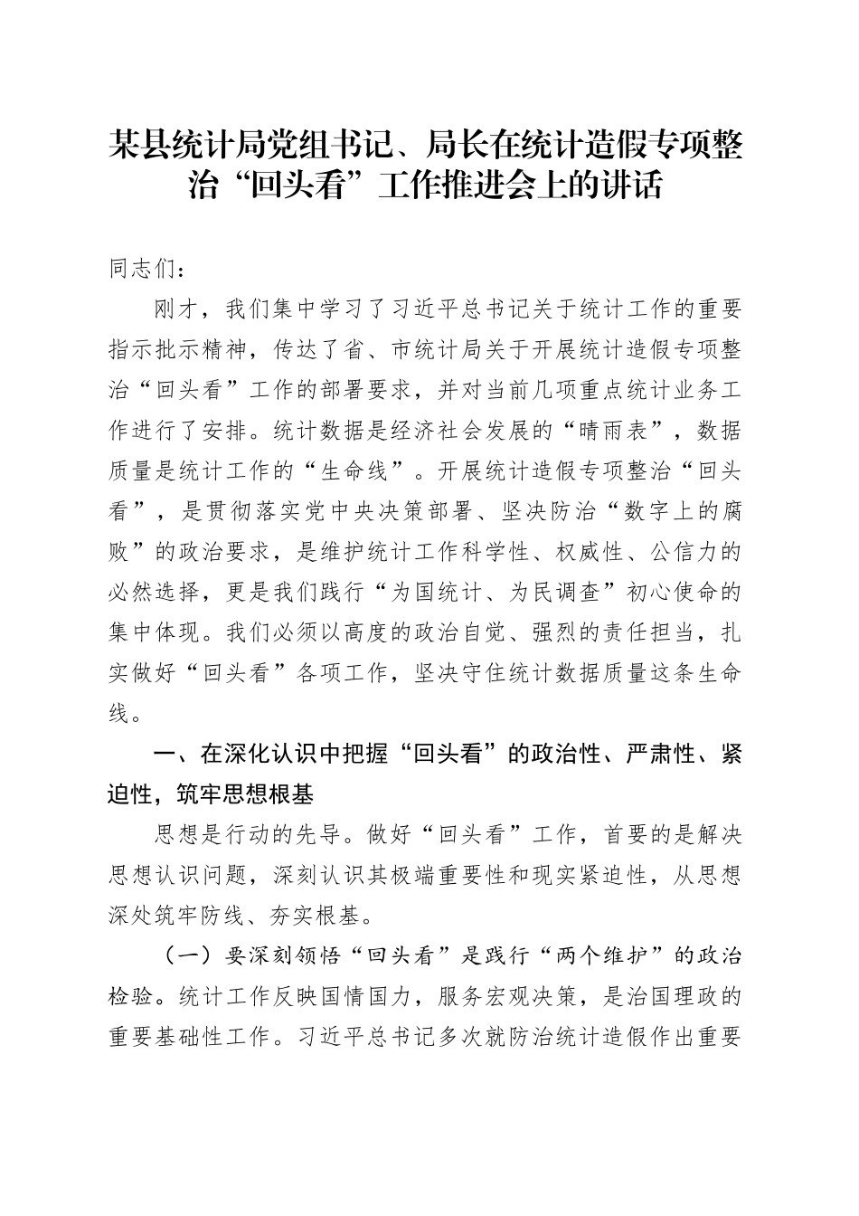 某县统计局党组书记、局长在统计造假专项整治“回头看”工作推进会上的讲话_第1页