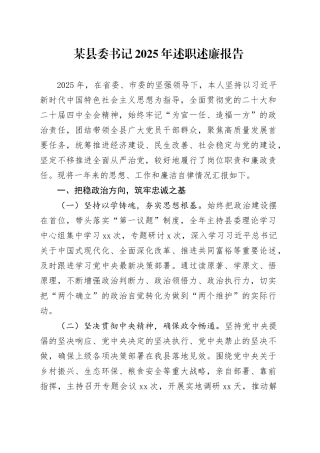 某县委书记2025年述职述廉报告20251205