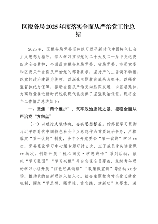区税务局2025年度落实全面从严治党工作总结