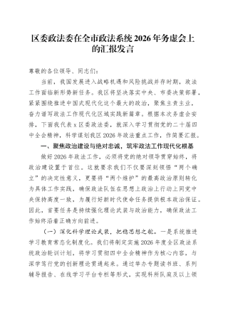 区委政法委在全市政法系统2026年务虚会上的汇报发言
