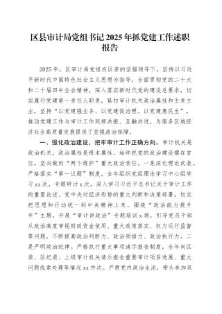 区县审计局党组书记2025年抓党建工作述职报告