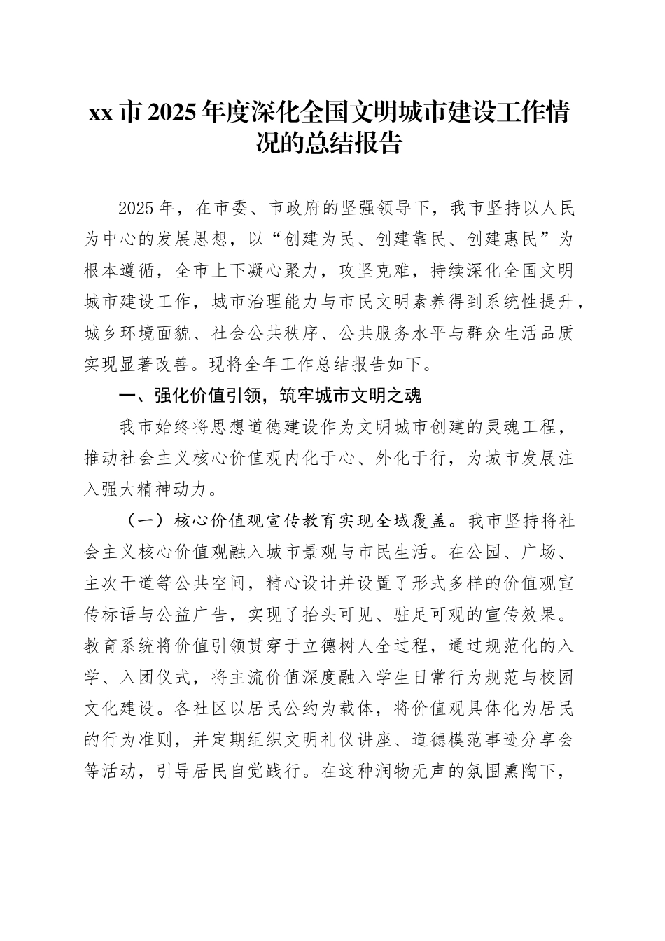 市2025年度深化全国文明城市建设工作情况的总结报告_第1页