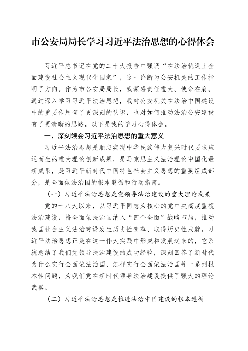 市公安局局长学习习近平法治思想的心得体会_第1页