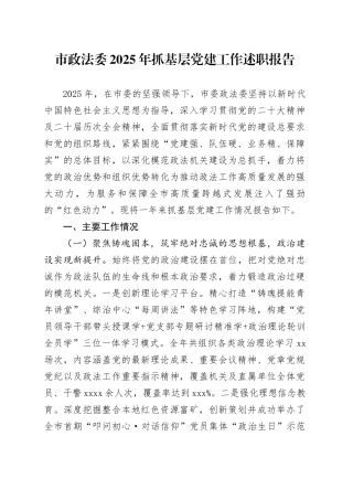 市政法委2025年抓基层党建工作述职报告