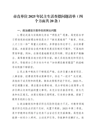 市直单位2025年民主生活查摆问题清单（四个方面共20条）