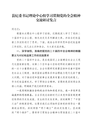 县纪委书记理论中心组学习贯彻党的全会精神心得体会研讨发言讲话交流材料20251203