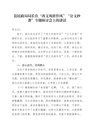 县民政局局长在“改文风转作风”“公文抄袭”专题研讨会上的讲话