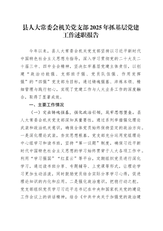 县人大常委会机关党支部2025年抓基层党建工作述职报告