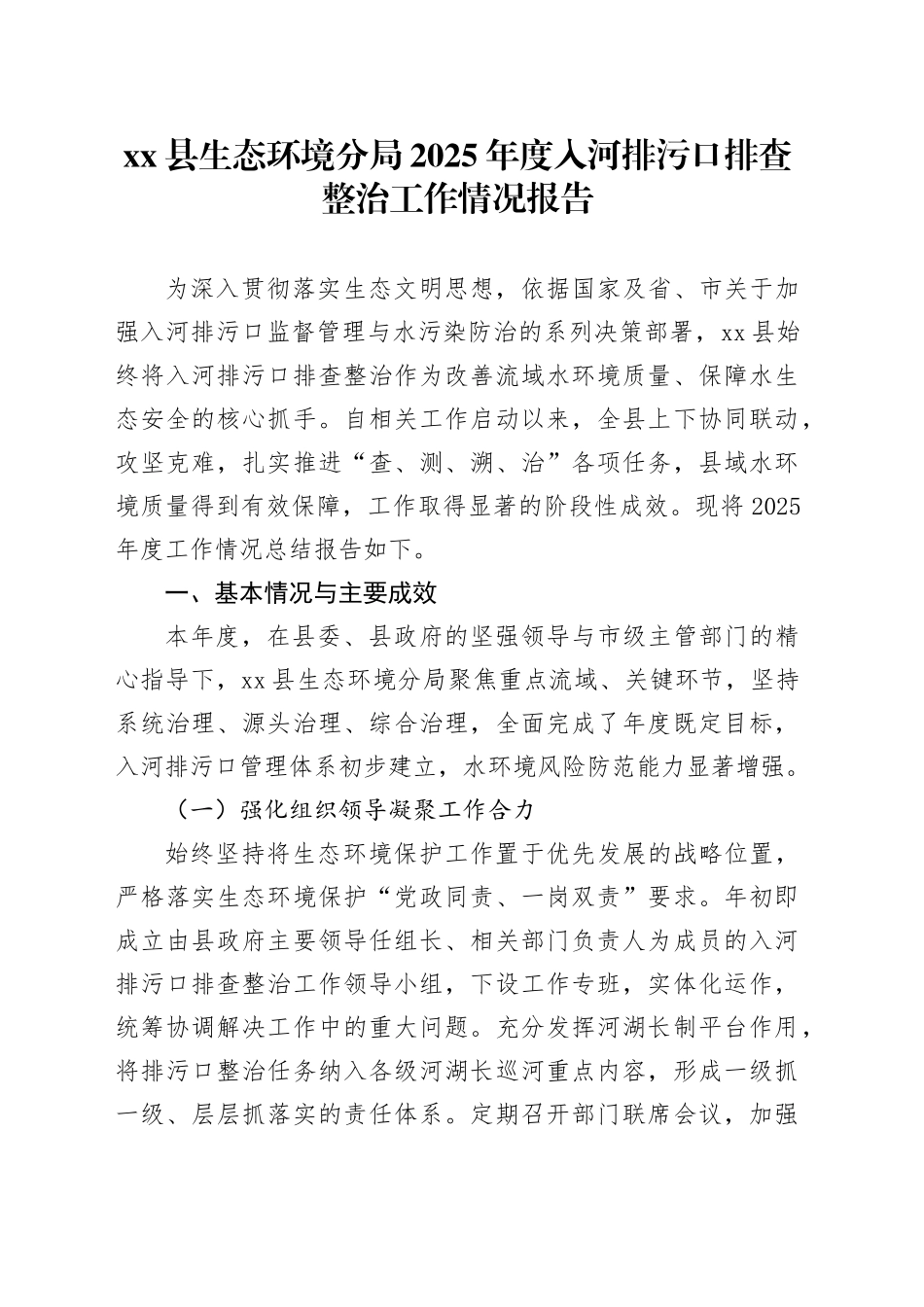 县生态环境分局2025年度入河排污口排查整治工作情况报告_第1页