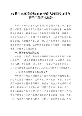 县生态环境分局2025年度入河排污口排查整治工作情况报告