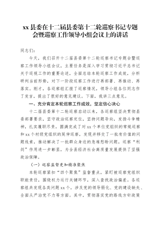 县委在十二届县委第十二轮巡察书记专题会暨巡察工作领导小组会议上的讲话