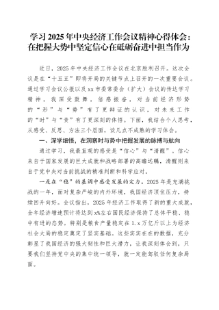 学习2025年中央经济工作会议精神心得体会：在把握大势中坚定信心在砥砺奋进中担当作为