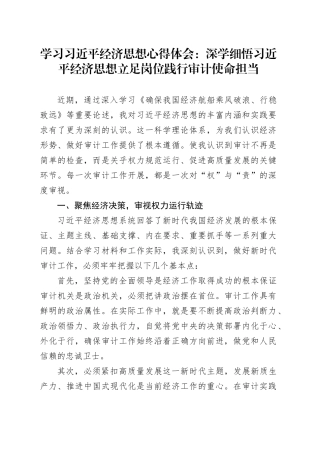 学习习近平经济思想心得体会：深学细悟习近平经济思想立足岗位践行审计使命担当